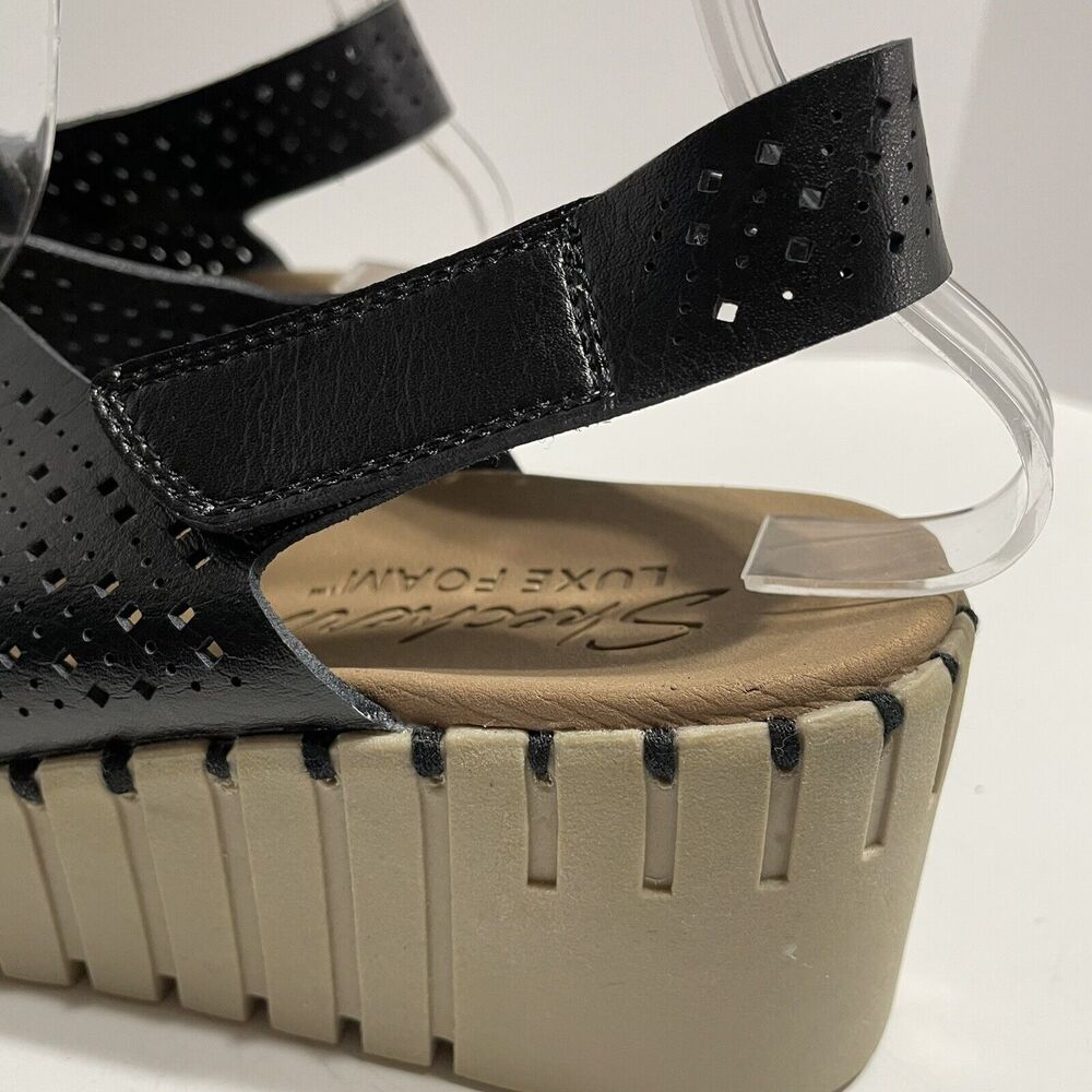 Skechers Luxe Foam PIER AVENUE Wedge Sandal Women’s 11 Black Cross Strap NEW - Picture 5 of 12